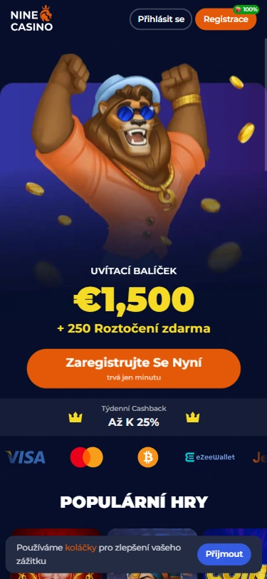 Uvítací bonus Nine Casino 1500 € + 250 roztočení zdarma