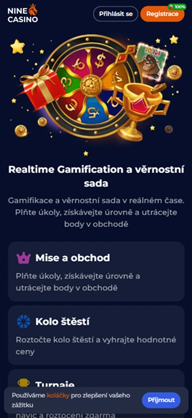 Gamifikace Nine Casino – mise, kolo štěstí, turnaje a odměny
